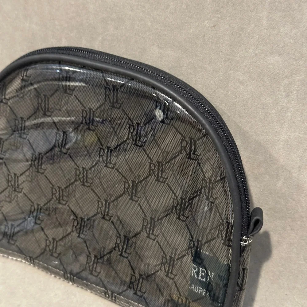 Lauren Ralph Lauren Clear RLL Monogram Cosmetic Bag Black Mesh Makeup Pouch Dome